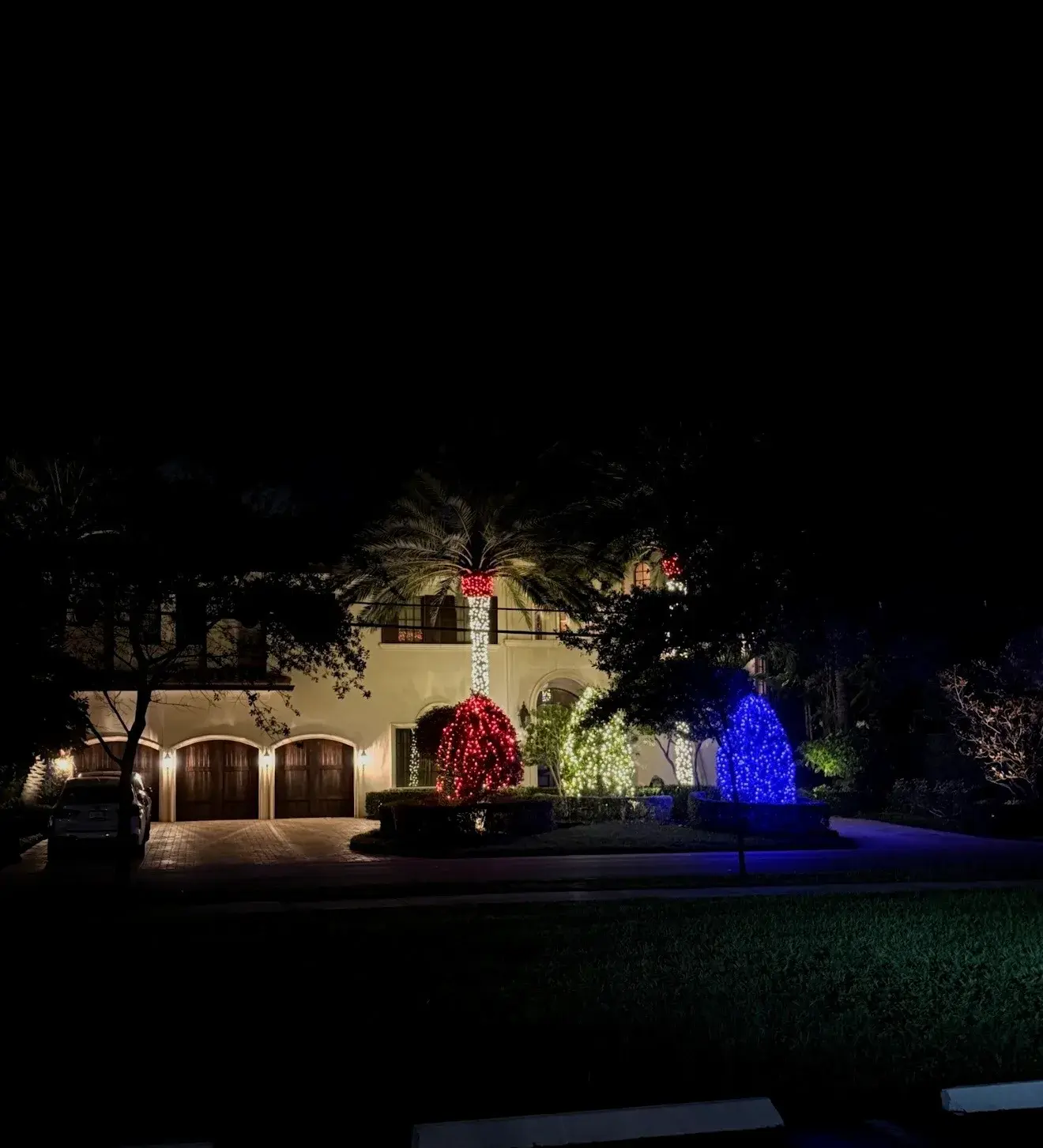 Large home with red, white, and blue holiday lights across its palm trees and landscaping
